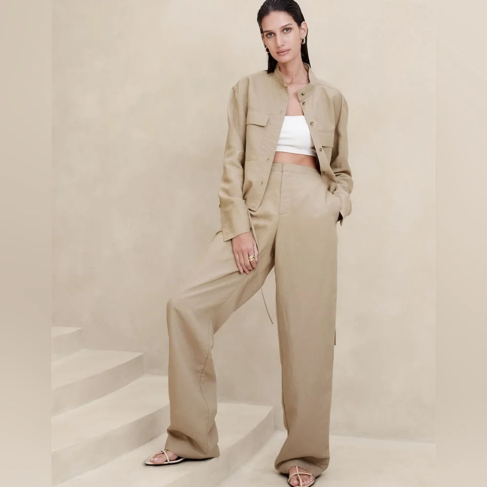 Banana Republic Pants 2024 Womens Large Wide Leg Relaxed Tencel Linen Khaki Tan